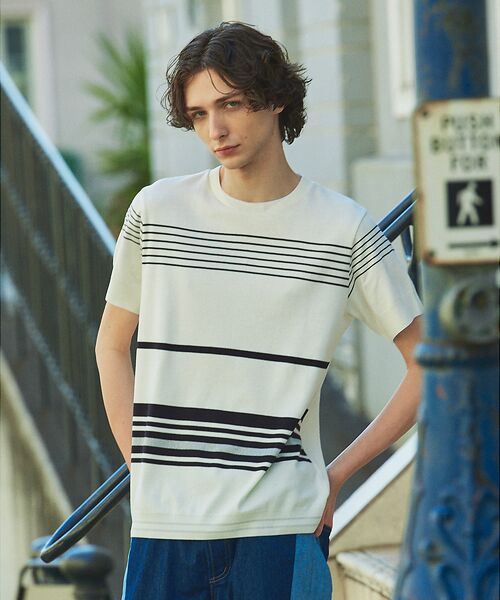 5351POUR LES HOMMES/5351プール・オム 【定番人気】セーターマシーン ボーダー クルーネック ニット Tシャツ【予約】 ホワイト 44 5351POUR LES HOMMES/5351プール・オム 【定番人気】セーターマシーン ボーダー クルーネック ニット Tシャツ【予約】 ホワイト 44