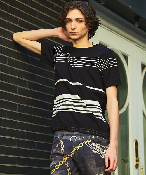 5351POUR LES HOMMES/5351プール・オム 【定番人気】セーターマシーン ボーダー クルーネック ニット Tシャツ【予約】 ブラック 50 5351POUR LES HOMMES/5351プール・オム 【定番人気】セーターマシーン ボーダー クルーネック ニット Tシャツ【予約】 ブラック 50