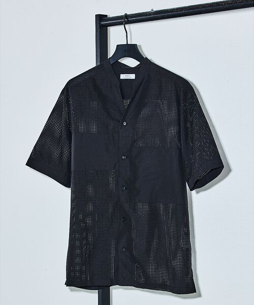 5351POUR LES HOMMES/5351プール・オム 【25S/S】パッチワーク メッシュ 半袖シャツ【予約】 ブラック 44 5351POUR LES HOMMES/5351プール・オム 【25S/S】パッチワーク メッシュ 半袖シャツ【予約】 ブラック 44