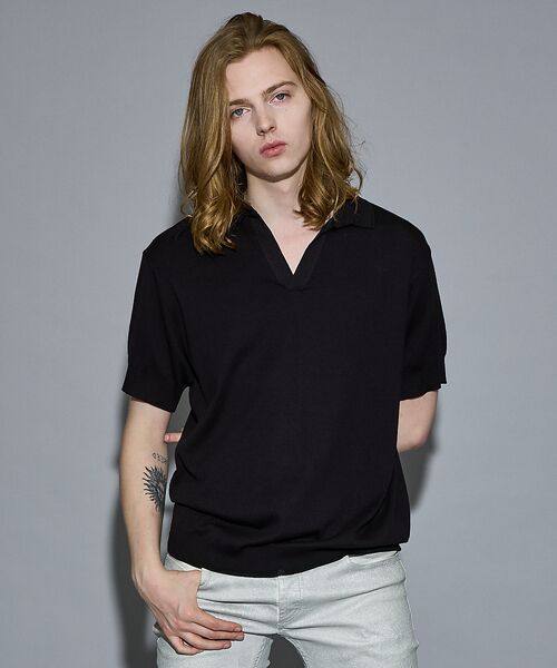5351POUR LES HOMMES/5351プール・オム 【定番人気】セーターマシーン スキッパー ポロシャツ【予約】 ブラック 48 5351POUR LES HOMMES/5351プール・オム 【定番人気】セーターマシーン スキッパー ポロシャツ【予約】 ブラック 48