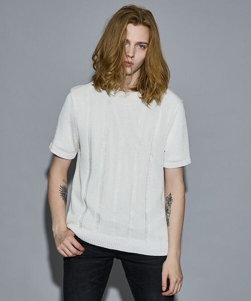5351POUR LES HOMMES/5351プール・オム 【25S/S】スレッド クルーネック 半袖ニット ホワイト 44 5351POUR LES HOMMES/5351プール・オム 【25S/S】スレッド クルーネック 半袖ニット ホワイト 44