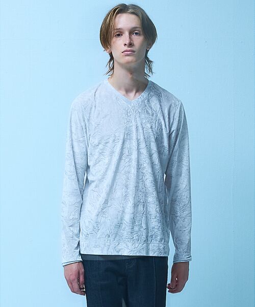 5351POUR LES HOMMES/5351プール・オム クラッシュベロア Vネック 長袖Tシャツ グレー 44 5351POUR LES HOMMES/5351プール・オム クラッシュベロア Vネック 長袖Tシャツ グレー 44