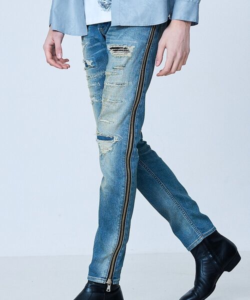 5351POUR LES HOMMES / 5351プール・オム デニムパンツ | 【サイドジップ】ダメージ スキニー デニム【予約】(ライトブルー)