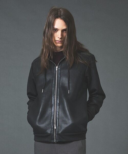 5351POUR LES HOMMES / 5351プール・オム パーカー | 【セットアップ対応】エンボス ストレッチ スウェード ムートン ジップフーディー(ブラック)