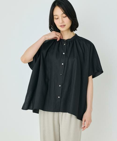 7-IDconcept / セブンアイディーコンセプト シャツ・ブラウス | ポンチョ風バンドカラーブラウス（ブラック）