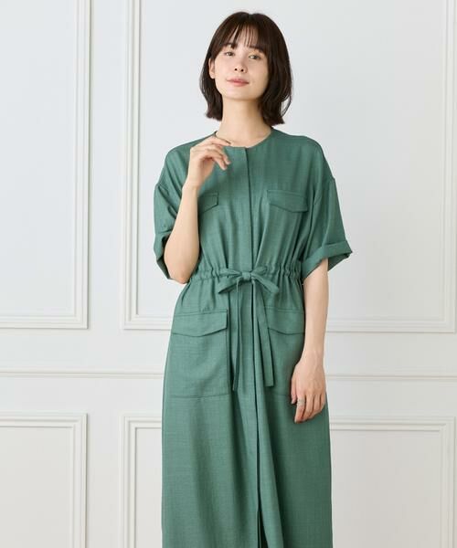 7-IDconcept / セブンアイディーコンセプト ミニ丈・ひざ丈ワンピース | 《大きいサイズ》麻調ロングジレワンピース（モスグリーン2）