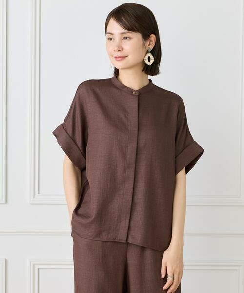 7-IDconcept / セブンアイディーコンセプト シャツ・ブラウス | 《大きいサイズ》麻調ワイドスリーブブラウス（ブラウン）