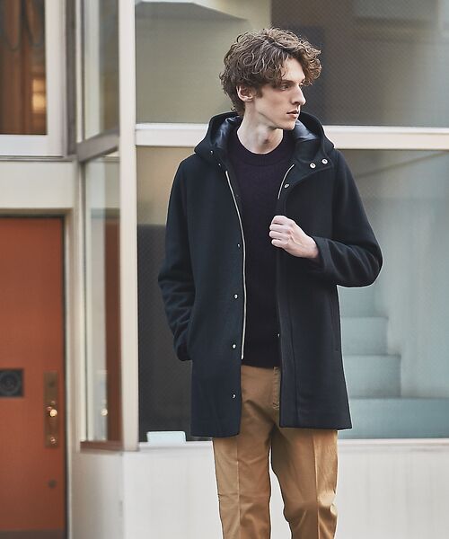 ABAHOUSE　メルトン フーデット コート　Navy × Gray　サイズ３