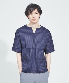 リネン ストレッチ ストライプ キーネック 半袖Tシャツ