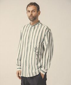 コットン リネン ストライプ 刺繍 バンドカラー シャツ