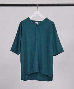 【リネン混】オーバーサイズ Vネック Tシャツ / キーネック