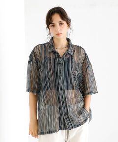 ABAHOUSE / アバハウス シャツ・ブラウス | 【Revo./レボ】透かし編みニットオープンカラーストライプ半端袖シャツ