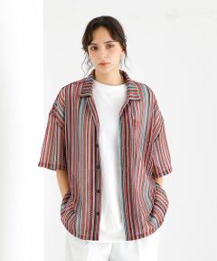 ABAHOUSE / アバハウス シャツ・ブラウス | 【Revo./レボ】透かし編みニットオープンカラーストライプ半端袖シャツ