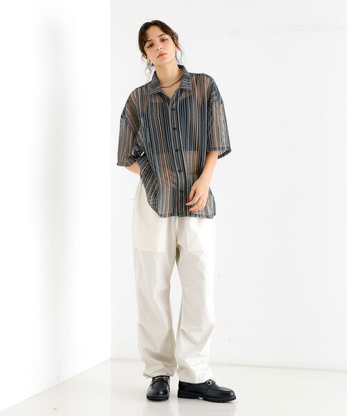 ABAHOUSE / アバハウス シャツ・ブラウス | 【Revo./レボ】透かし編みニットオープンカラーストライプ半端袖シャツ | 詳細1