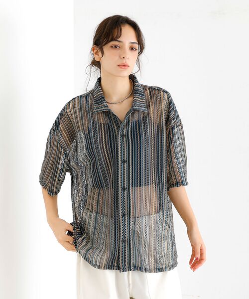 ABAHOUSE / アバハウス シャツ・ブラウス | 【Revo./レボ】透かし編みニットオープンカラーストライプ半端袖シャツ | 詳細2