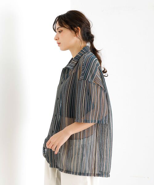 ABAHOUSE / アバハウス シャツ・ブラウス | 【Revo./レボ】透かし編みニットオープンカラーストライプ半端袖シャツ | 詳細3