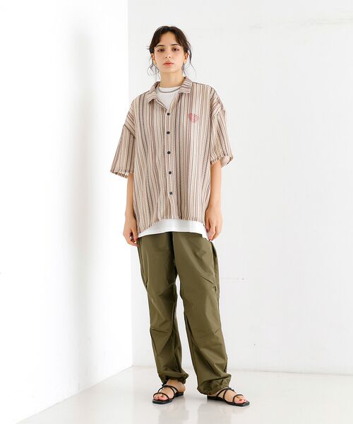 ABAHOUSE / アバハウス シャツ・ブラウス | 【Revo./レボ】透かし編みニットオープンカラーストライプ半端袖シャツ | 詳細6