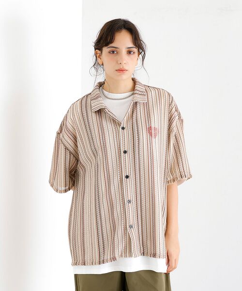 ABAHOUSE / アバハウス シャツ・ブラウス | 【Revo./レボ】透かし編みニットオープンカラーストライプ半端袖シャツ | 詳細8