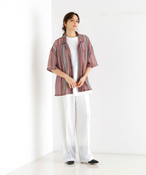 ABAHOUSE / アバハウス シャツ・ブラウス | 【Revo./レボ】透かし編みニットオープンカラーストライプ半端袖シャツ | 詳細9