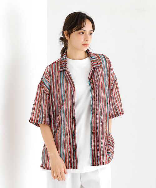 ABAHOUSE / アバハウス シャツ・ブラウス | 【Revo./レボ】透かし編みニットオープンカラーストライプ半端袖シャツ | 詳細10