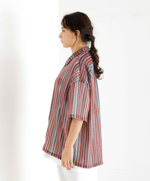 ABAHOUSE / アバハウス シャツ・ブラウス | 【Revo./レボ】透かし編みニットオープンカラーストライプ半端袖シャツ | 詳細11