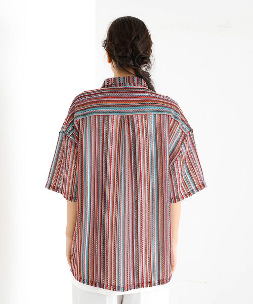 ABAHOUSE / アバハウス シャツ・ブラウス | 【Revo./レボ】透かし編みニットオープンカラーストライプ半端袖シャツ | 詳細12