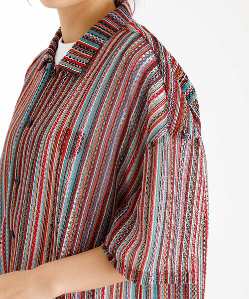 ABAHOUSE / アバハウス シャツ・ブラウス | 【Revo./レボ】透かし編みニットオープンカラーストライプ半端袖シャツ | 詳細14