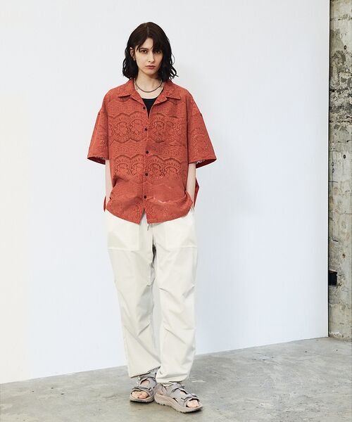 Revo.レボ】透かし編みニットオープンカラー半端袖シャツ