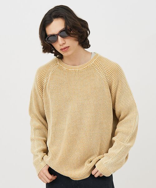ABAHOUSE/アバハウス 【Revo.レボ】パウダーブリーチ加工ワッフルコットンニットクルー/ユニセックス マスタード M ABAHOUSE/アバハウス 【Revo.レボ】パウダーブリーチ加工ワッフルコットンニットクルー/ユニセックス マスタード M
