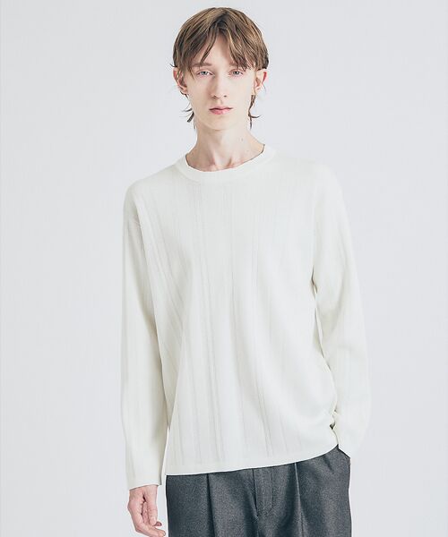 ABAHOUSE / アバハウス ニット・セーター | ランダムストライプ 総針プルオーバーニット / クルーネック(ホワイト)