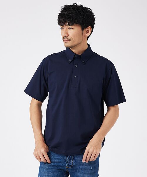 ABAHOUSE/アバハウス シルケット天竺 ボタンダウン ポロシャツ ネイビー 46 ABAHOUSE/アバハウス シルケット天竺 ボタンダウン ポロシャツ ネイビー 46