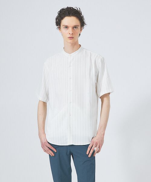 ABAHOUSE / アバハウス シャツ・ブラウス | バンドカラー半袖ストライプシャツ | 詳細1