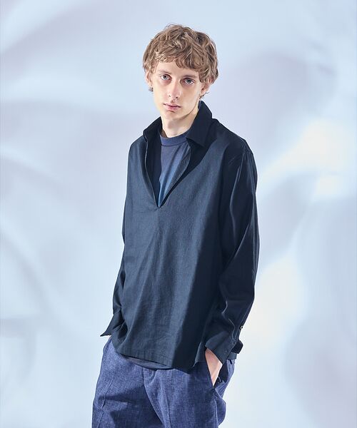 ABAHOUSE/アバハウス 【リネンブレンド】スキッパー プルオーバーシャツ ブラック 44 ABAHOUSE/アバハウス 【リネンブレンド】スキッパー プルオーバーシャツ ブラック 44