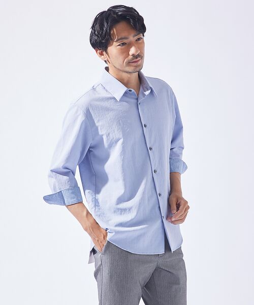 ABAHOUSE/アバハウス 【リネンタッチ】7分袖シャツ サックスブルー 46 ABAHOUSE/アバハウス 【リネンタッチ】7分袖シャツ サックスブルー 46