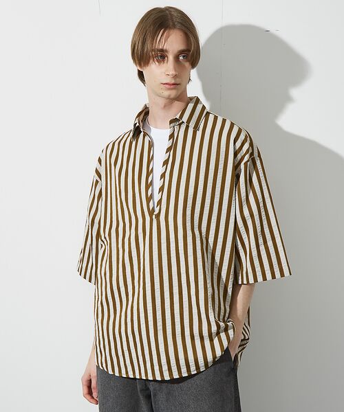 ABAHOUSE/アバハウス サッカーストライプ スキッパーシャツ / オーバーサイズ / 半袖シャツ マスタード 46 ABAHOUSE/アバハウス サッカーストライプ スキッパーシャツ / オーバーサイズ / 半袖シャツ マスタード 46