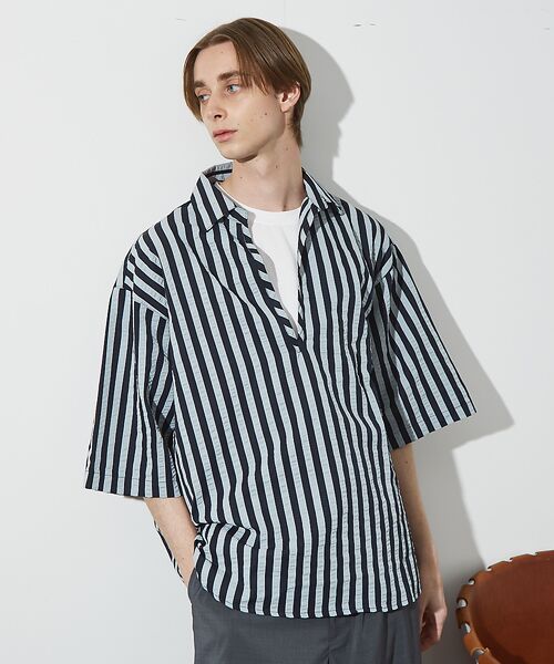 ABAHOUSE / アバハウス シャツ・ブラウス | サッカーストライプ スキッパーシャツ / オーバーサイズ / 半袖シャツ(ネイビー)