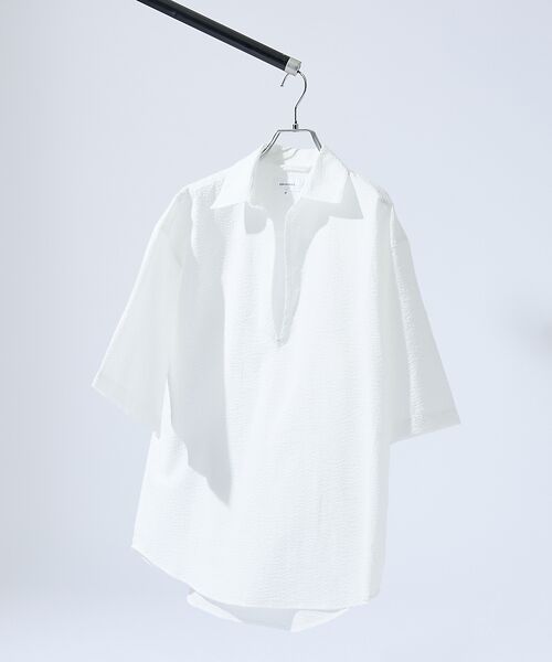 ABAHOUSE / アバハウス シャツ・ブラウス | サッカーストライプ スキッパーシャツ / オーバーサイズ / 半袖シャツ(ホワイト)