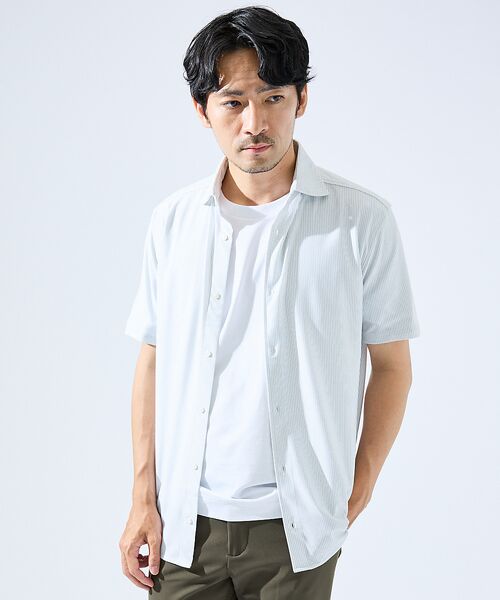 ABAHOUSE/アバハウス 【形状安定性 / 伸縮性】トリコットストライプ 半袖シャツ グレージュ 44 ABAHOUSE/アバハウス 【形状安定性 / 伸縮性】トリコットストライプ 半袖シャツ グレージュ 44