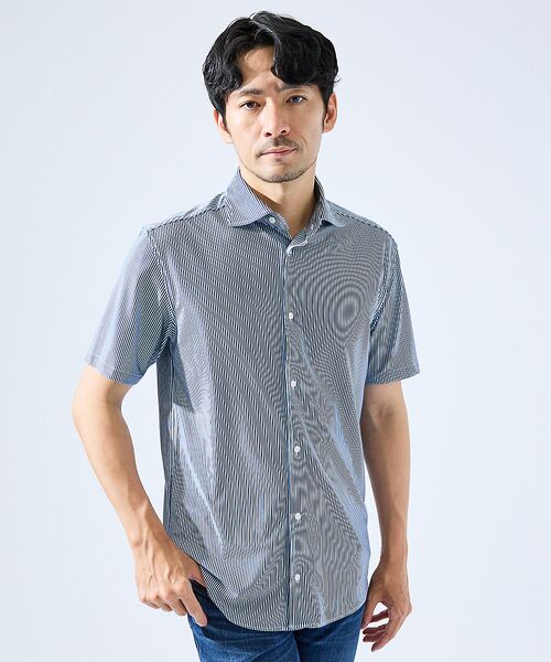 ABAHOUSE/アバハウス 【形状安定性 / 伸縮性】トリコットストライプ 半袖シャツ ネイビー 46 ABAHOUSE/アバハウス 【形状安定性 / 伸縮性】トリコットストライプ 半袖シャツ ネイビー 46
