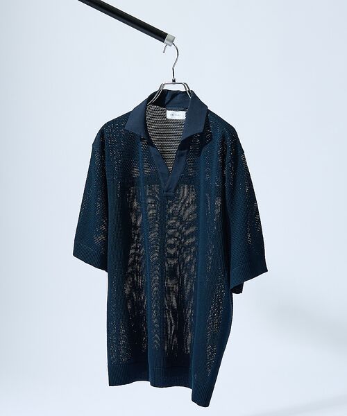 ABAHOUSE / アバハウス ポロシャツ | スキッパー メッシュニット ポロシャツ(ダークネイビー)