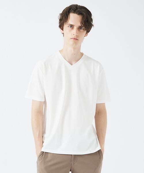 ABAHOUSE / アバハウス Tシャツ | 【定番】ドレスポンチ Vネック 半袖Tシャツ / ストレッチ 冷涼感(ホワイト)