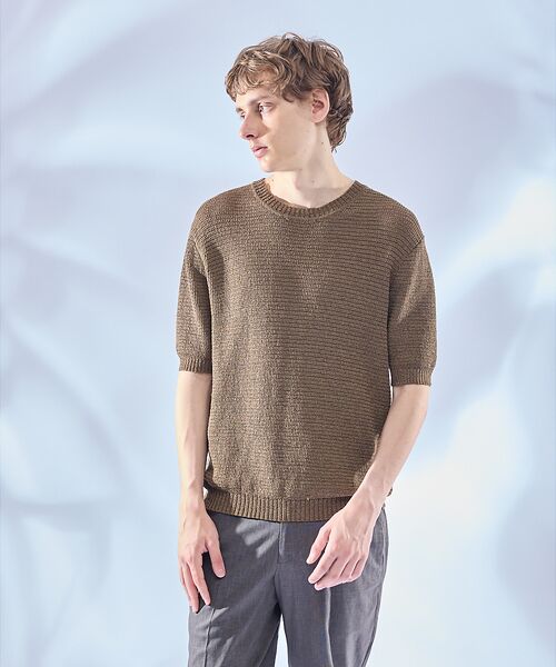 ABAHOUSE / アバハウス Tシャツ | フルニードル メッシュニットTシャツ(カーキ)