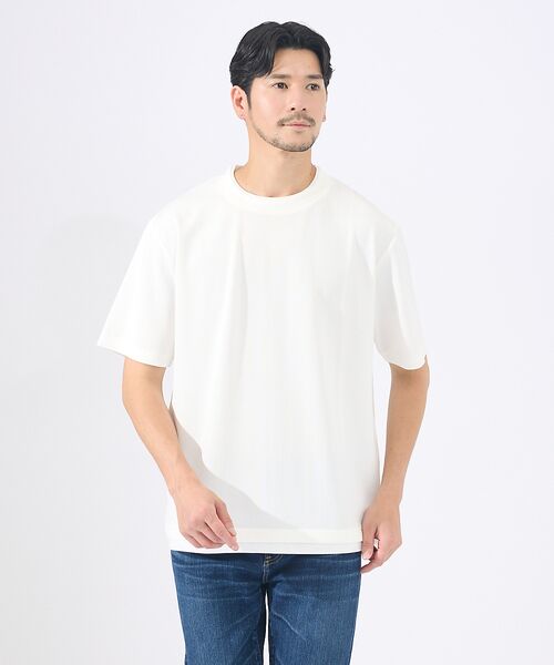 ABAHOUSE / アバハウス Tシャツ | 【レイヤード】ストライプ ジャガード 半袖Tシャツ(ホワイト)