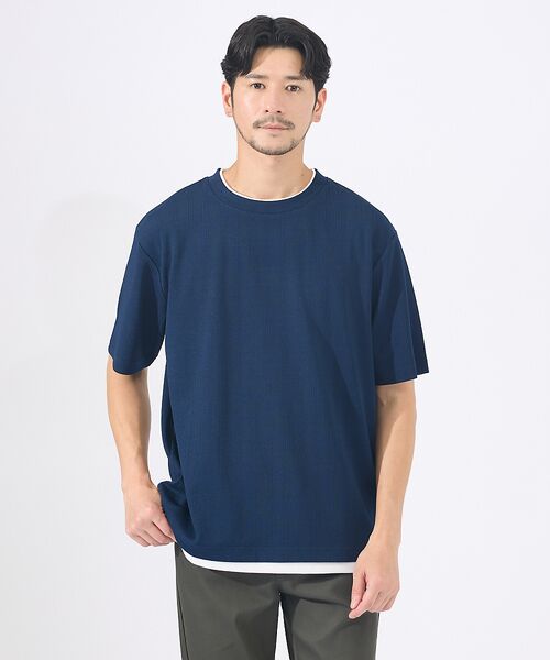 ABAHOUSE / アバハウス Tシャツ | 【レイヤード】ストライプ ジャガード 半袖Tシャツ(ネイビー)
