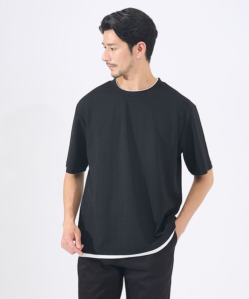 ABAHOUSE / アバハウス Tシャツ | 【レイヤード】ストライプ ジャガード 半袖Tシャツ(ブラック)