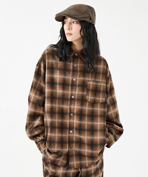 ABAHOUSE/アバハウス 【Revo.レボ】 オンブレーチェックシャツ/ルーズフィット /セットアップ/ユ ブラウン L ABAHOUSE/アバハウス 【Revo.レボ】 オンブレーチェックシャツ/ルーズフィット /セットアップ/ユ ブラウン L