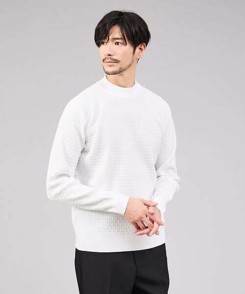 ABAHOUSE / アバハウス ニット・セーター | 【ハイストレッチ】ブロックチェック ジャガード モックネックニット(ホワイト)