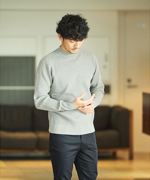 ABAHOUSE / アバハウス ニット・セーター | 【ハイストレッチ】ブロックチェック ジャガード モックネックニット(グレージュ)