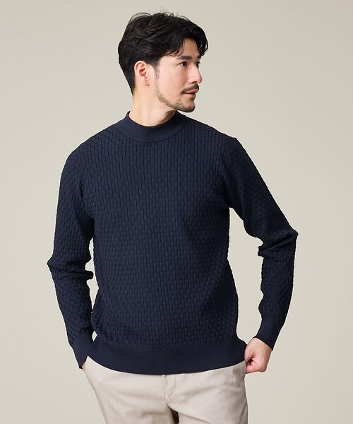 ABAHOUSE / アバハウス ニット・セーター | 【ハイストレッチ】ブロックチェック ジャガード モックネックニット(ネイビー)