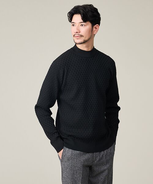ABAHOUSE / アバハウス ニット・セーター | 【ハイストレッチ】ブロックチェック ジャガード モックネックニット(ブラック)